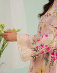 Stylish peach embroidered lawn suit for women – 3-piece unstitched set with chiffon dupatta, perfect for online unstitched lawn suits shopping in USA & UK.