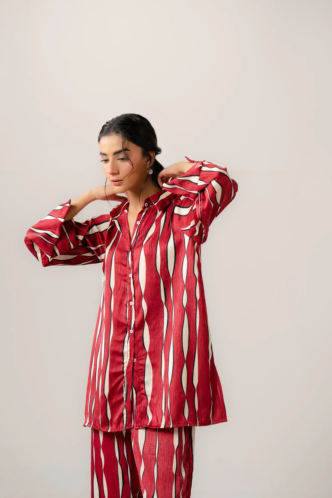 Stylish red and white striped co ord outfit for ladies