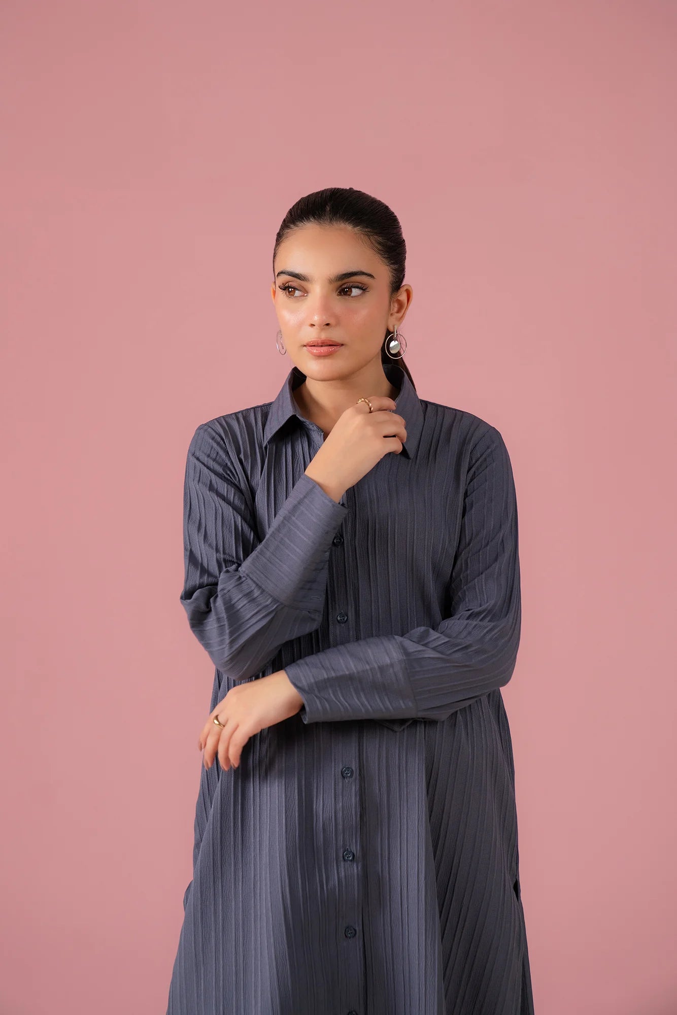 Stylish tropical grey 2-piece co-ord set with full-sleeve button-down shirt and matching wide-leg trousers for women’s wardrobe