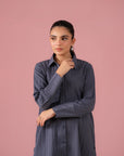 Stylish tropical grey 2-piece co-ord set with full-sleeve button-down shirt and matching wide-leg trousers for women’s wardrobe