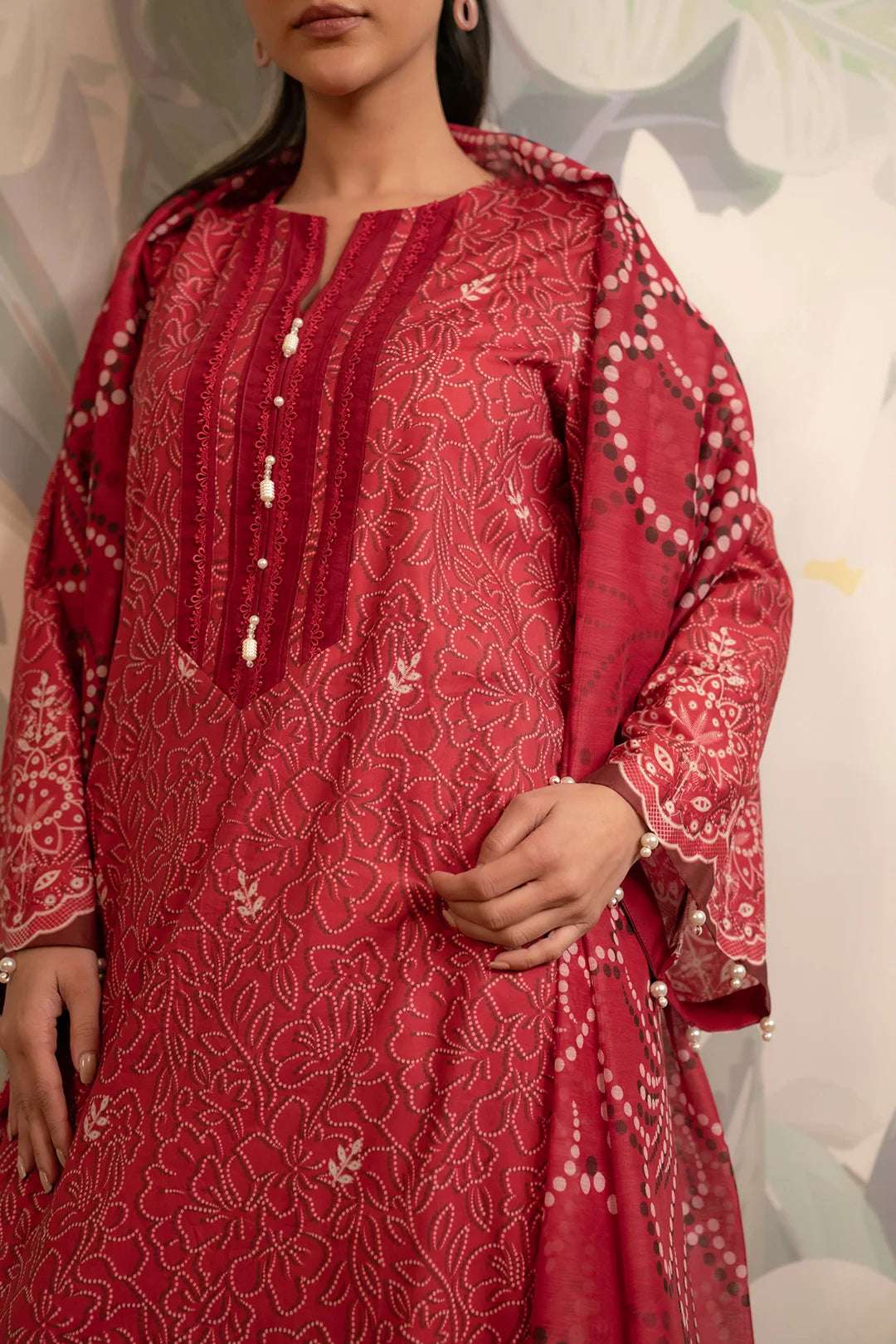 Stylish unstitched printed lawn dress in deep maroon with exquisite digital prints, paired with a rich Monark dupatta for a refined appeal.