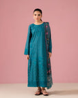 Teal 3-piece embroidered lawn suit with silk printed dupatta and matching trousers, perfect for women in Gujrat's Satellite Town luxury area