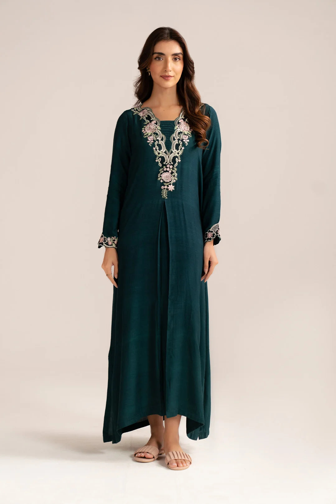 Teal embroidered raw silk kaftan women Beyond East Pakistan