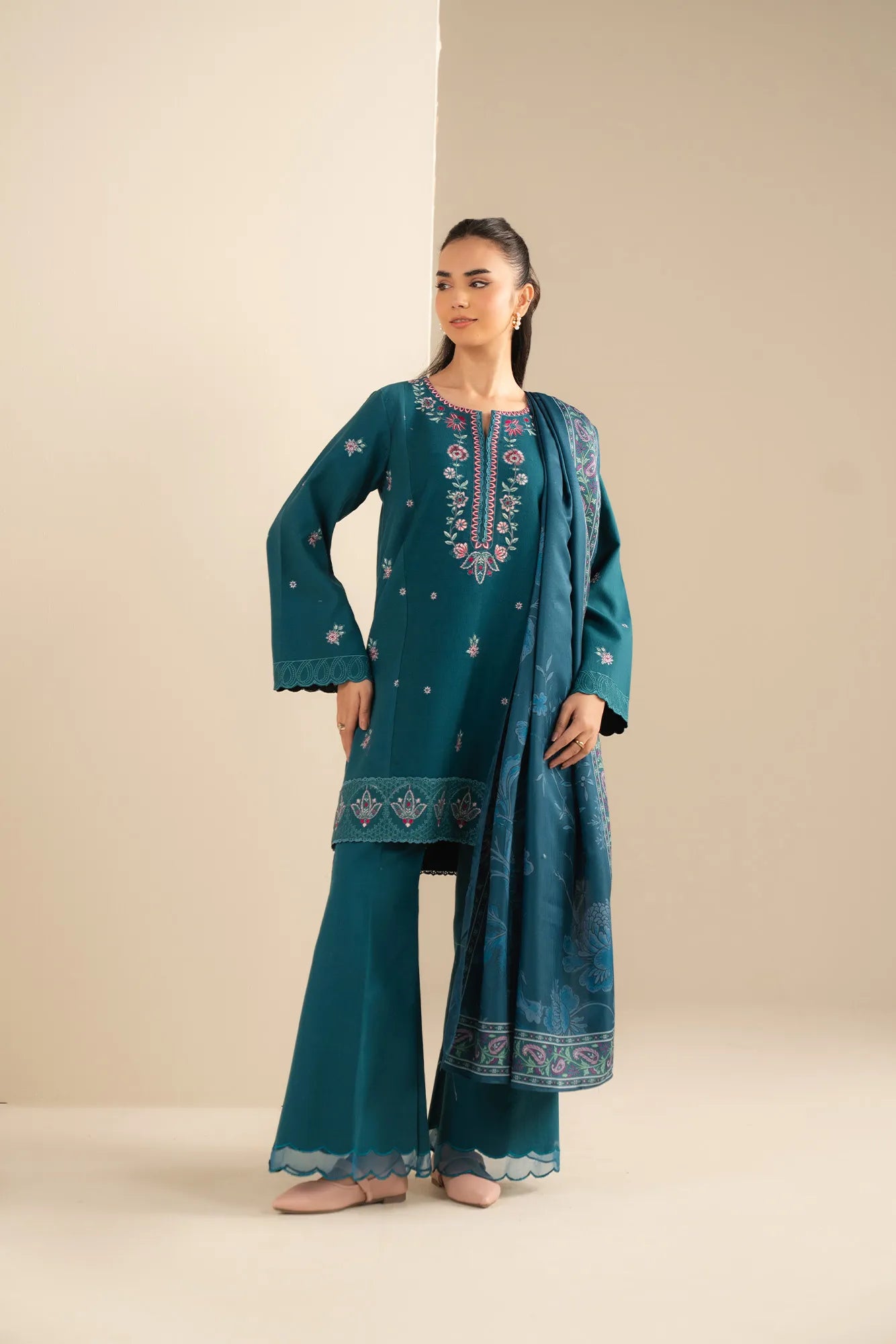 Teal khaddar slub embroidered unstitched 3PC suit with printed shawl