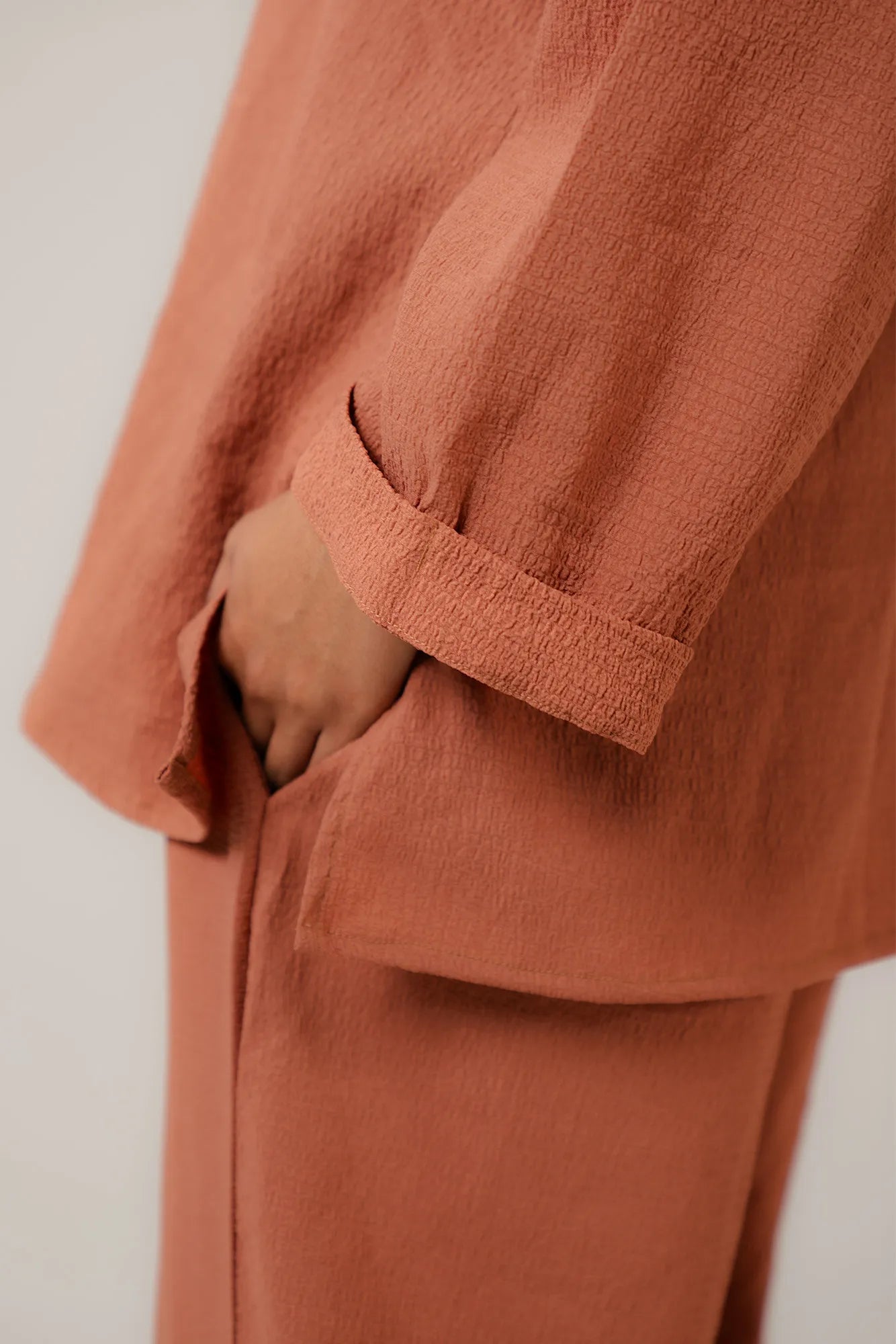 Terracotta linen co ord set women - loose fitting shirt and wide leg pants combo