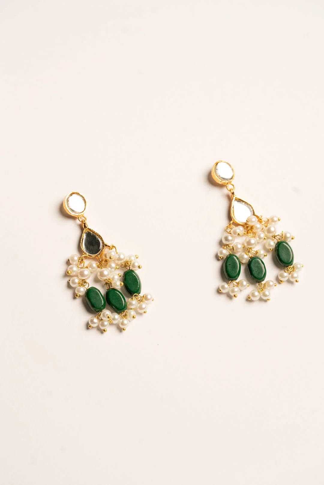 Three emerald teardrop chandbali earrings pearl spacers gold Beyond East best Selling