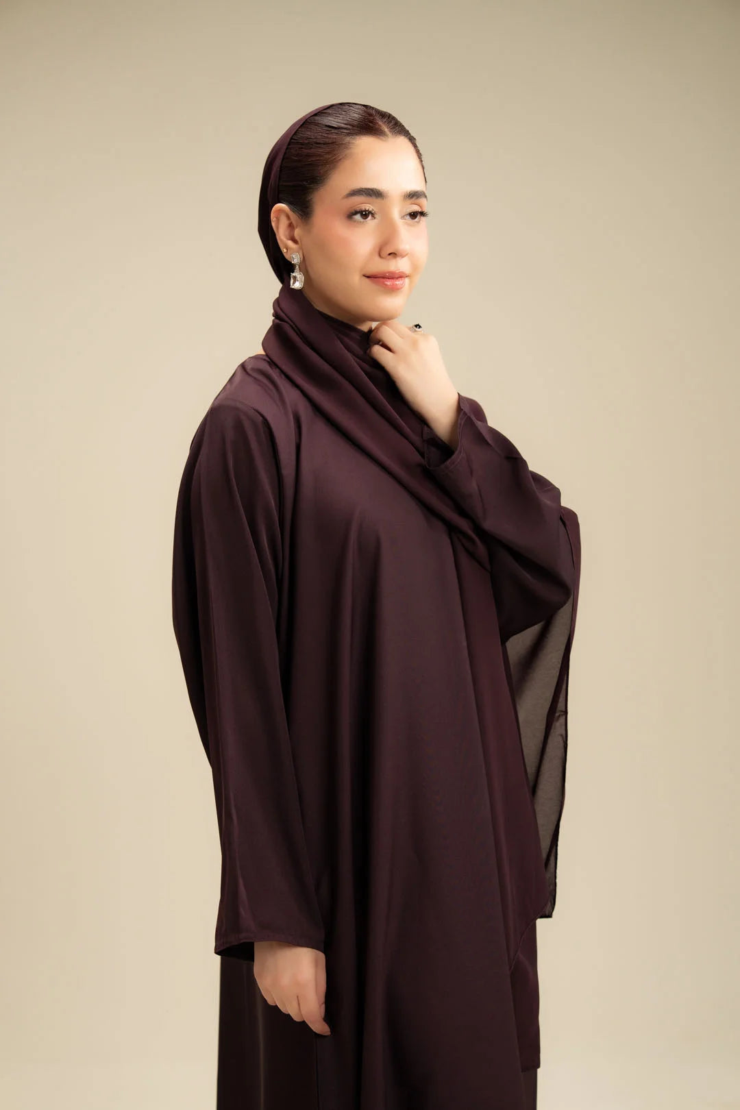 Three quarter view plum abaya – ladies colored abaya Beyond East Pakistan