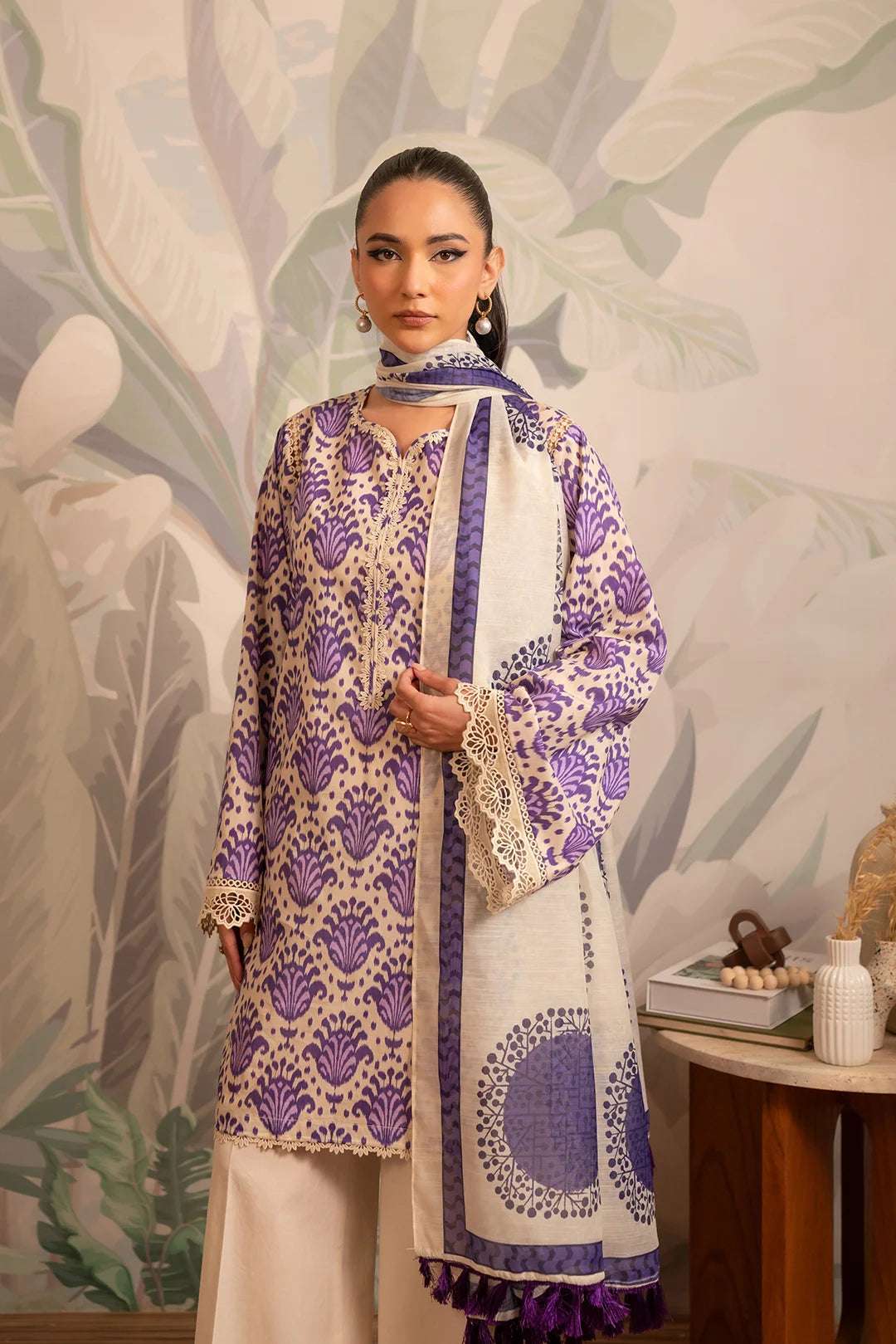 Top fashion pick for summer – beautifully designed lawn shirt with rich purple ikkat patterns, paired with an airy, lightweight printed Monark dupatta.