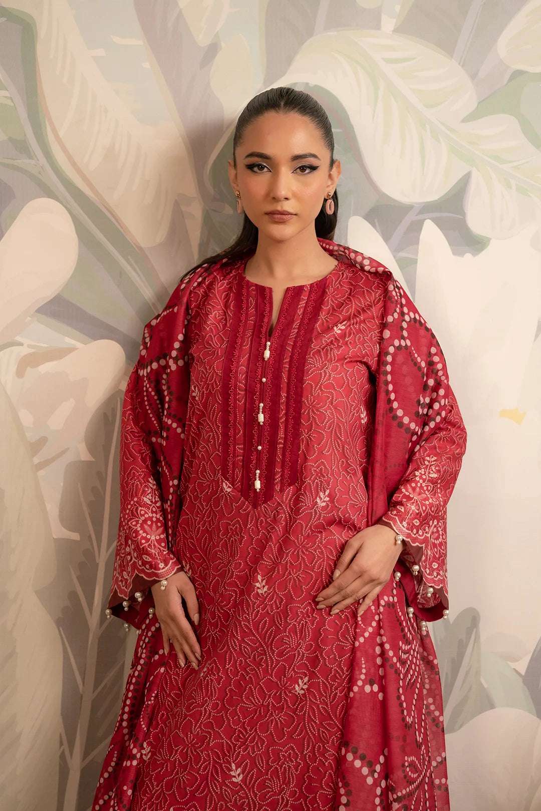 Top new arrival in Pakistani lawn fashion – classic maroon lawn outfit with a statement chuniri dupatta, perfect for festive and casual wear.