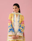 Toronto online lawn suits Pakistan – vibrant 3 piece printed lawn outfit with cambric trousers and voile dupatta, perfect unstitched ladies suit for casual outings