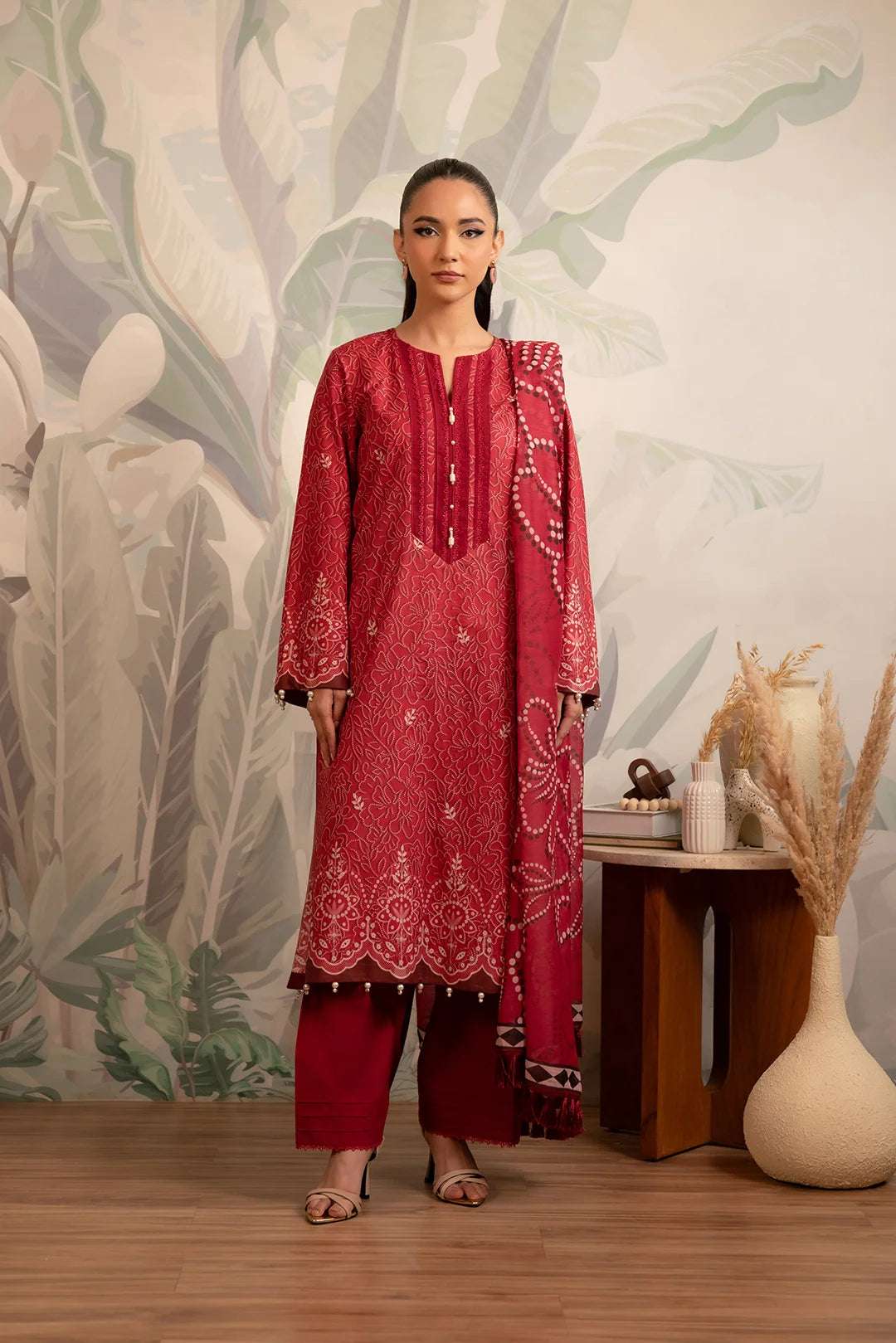 Traditional maroon printed lawn dress design with a delicate chuniri-inspired Monark dupatta, blending culture with modern fashion.