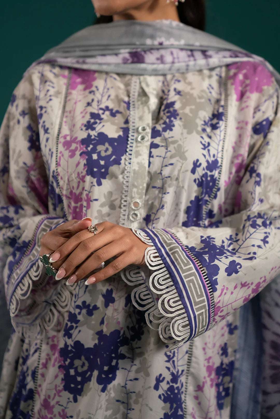 Trending lawn suits in Pakistan – a grey floral printed lawn set with a statement ikkat dupatta in purple hues, perfect for casual wear.