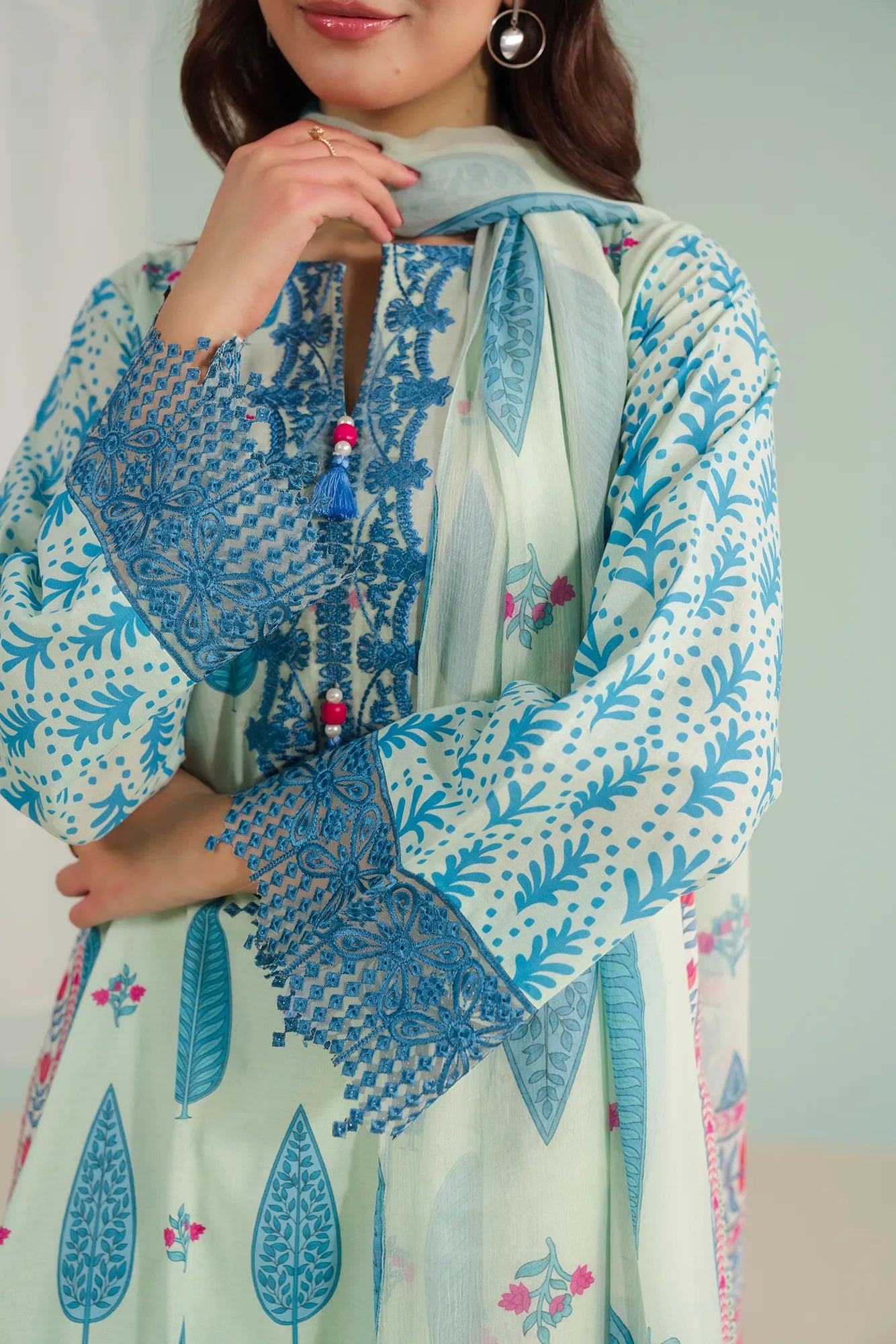 Trendy 3 piece embroidered lawn dress with digital prints and organza details, available for women in Peshawar Cantt