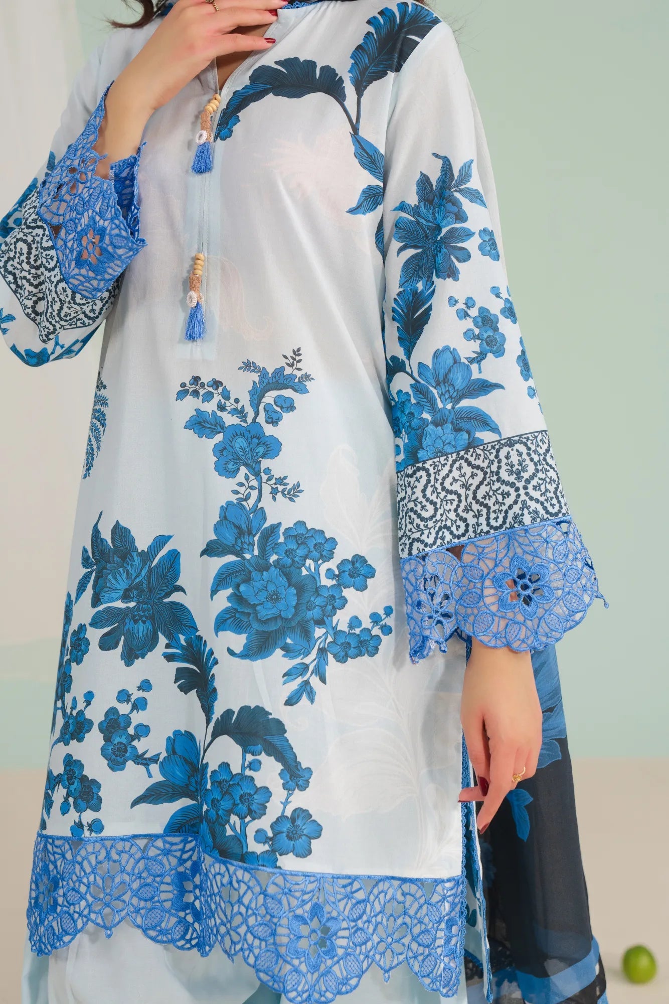 Trendy 3 piece embroidered lawn suit with cambric trouser and chiffon dupatta – popular among women shoppers in Saddar Bazar Multan