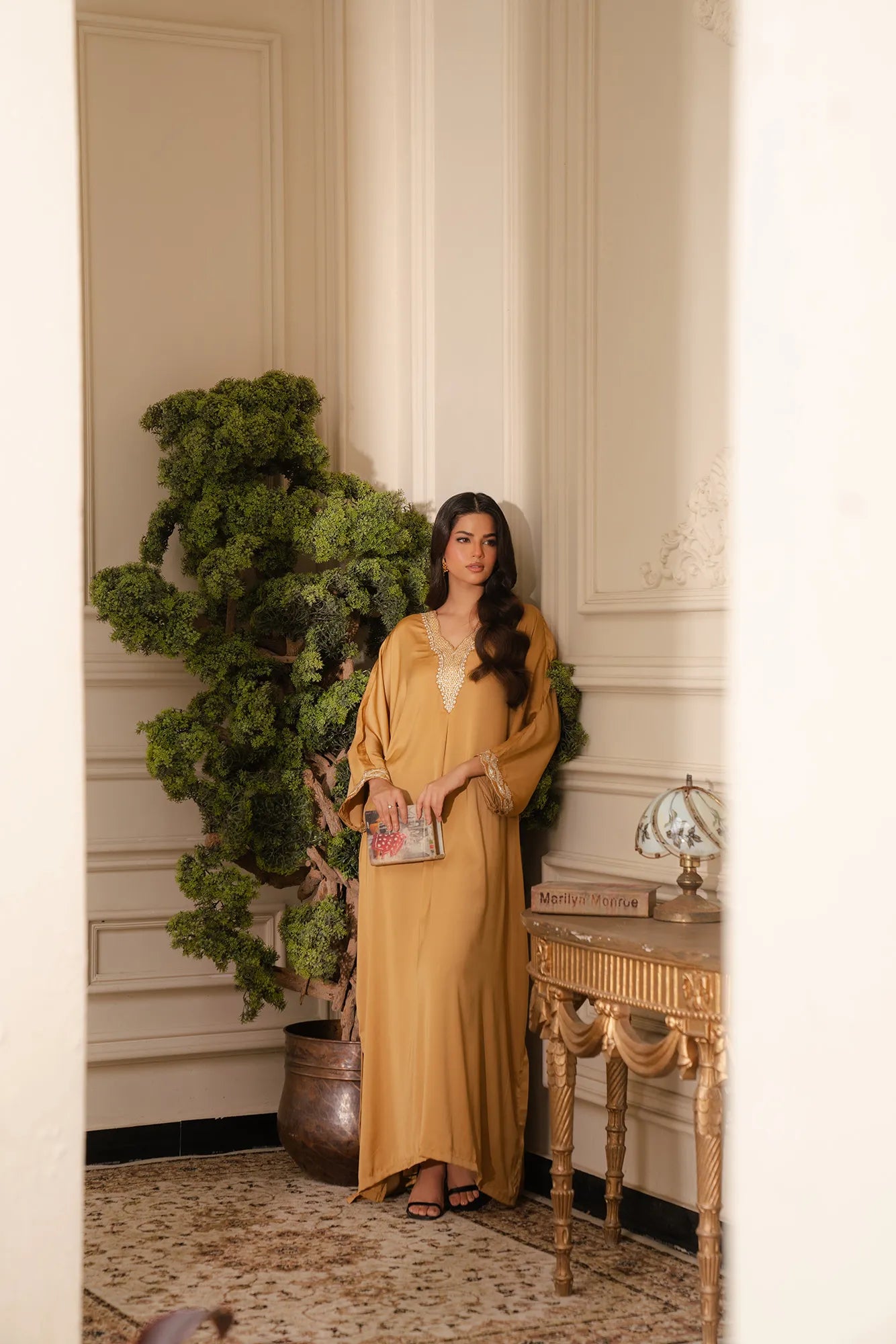 Trendy Pakistani kaftan dress with neckline detailing