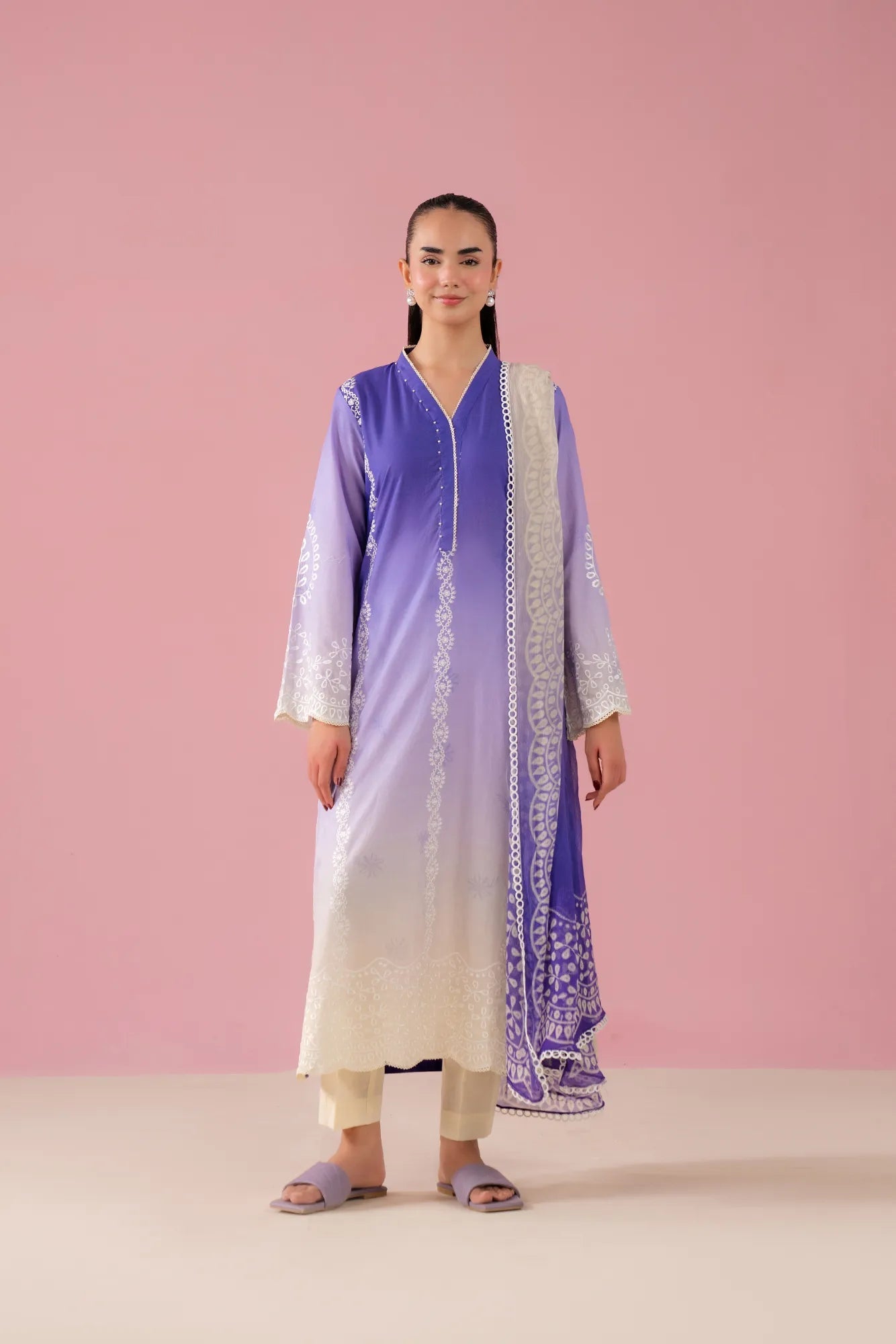 Trendy Tie and Dye Dress – three-piece embroidered lawn suit with chiffon dupatta, perfect for elite women in Lahore’s DHA Pakistan