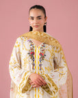 Trendy digital printed linen suit with embroidered organza border, chic attire for posh women living in Civil Lines Hyderabad