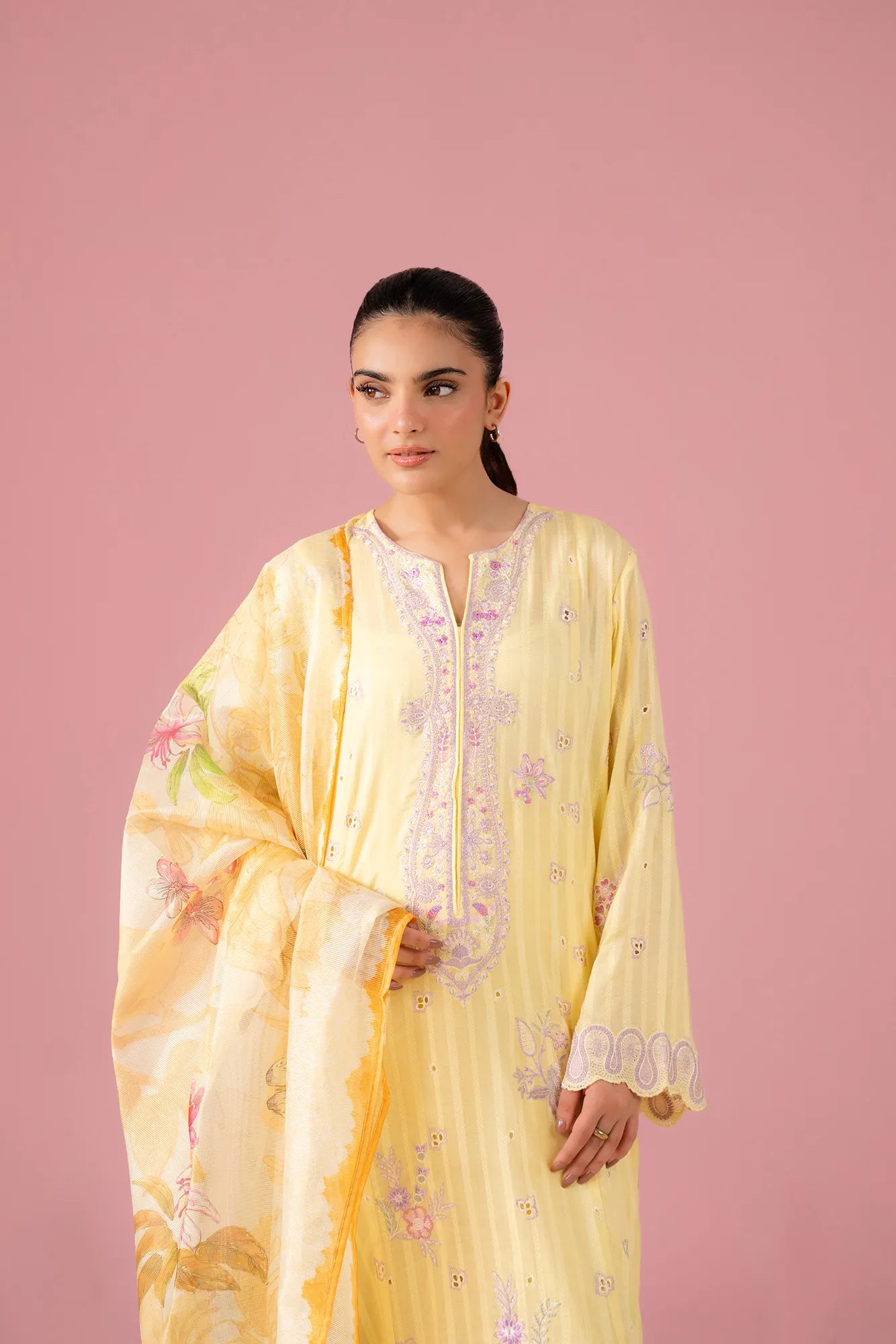 Trendy dobby lawn embroidered suit for women – light yellow Pakistani ethnic wear 2025