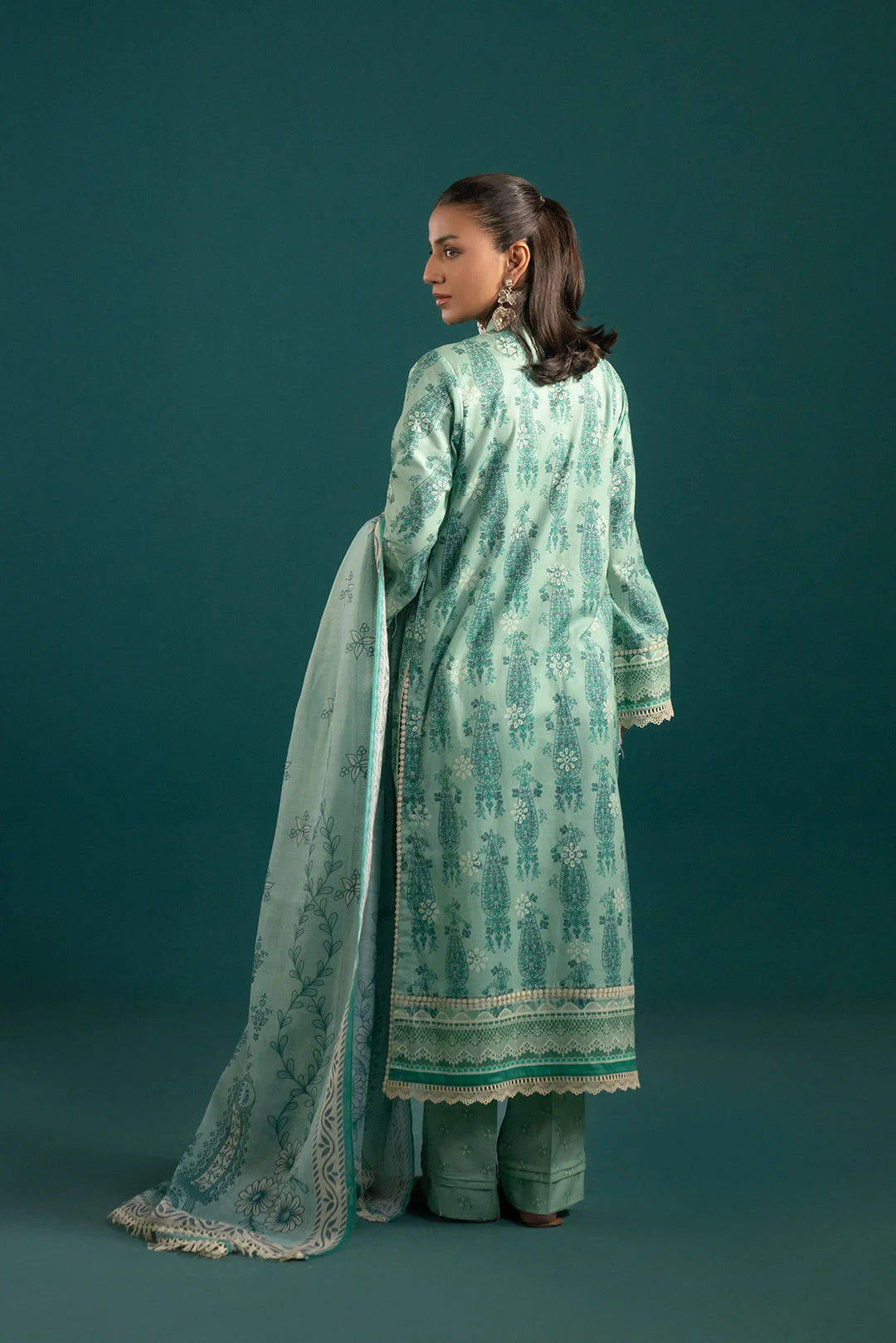 Trendy lawn suit featuring a digital printed shirt with intricate motifs, paired with a monark dupatta for an effortless summer style.