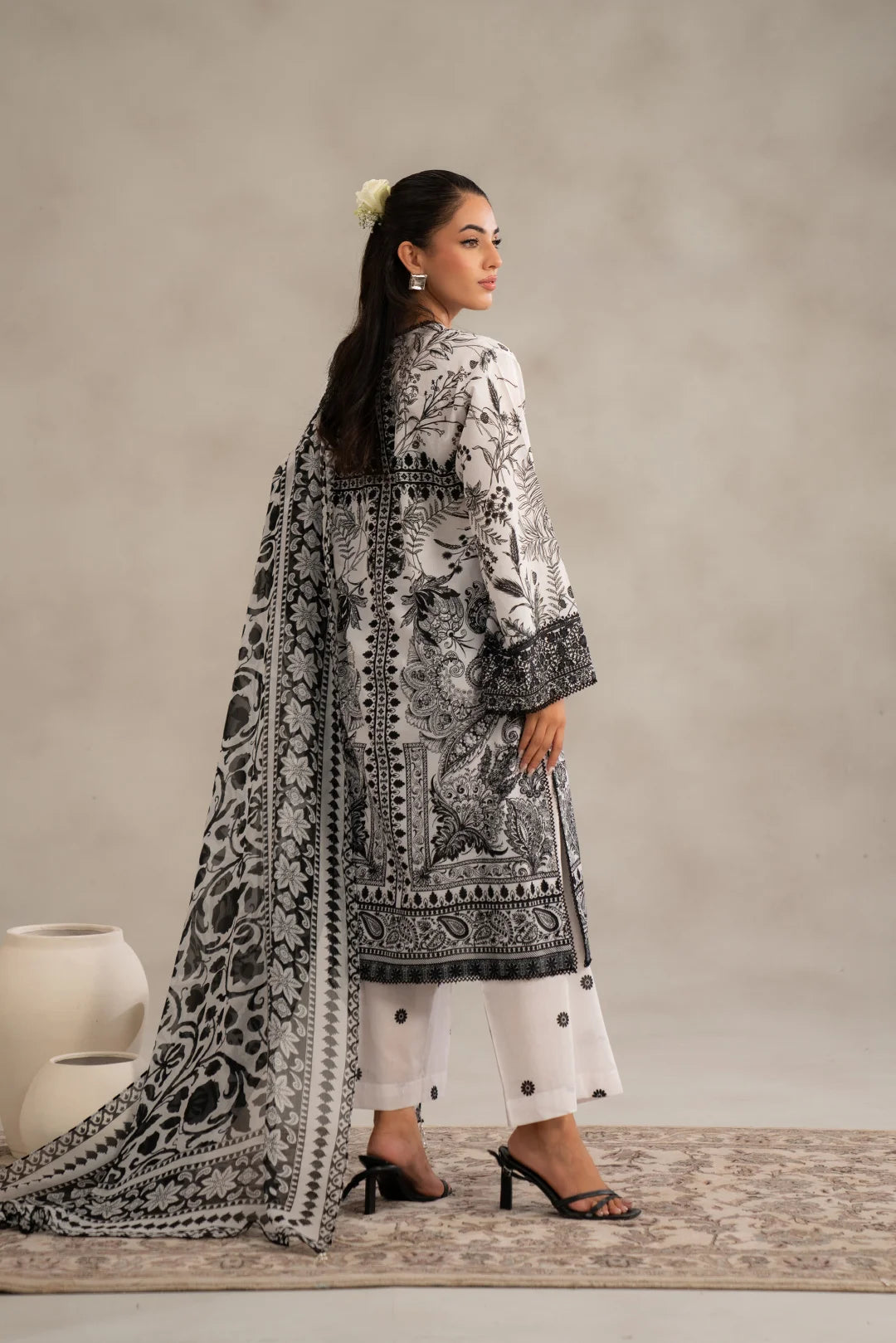Trendy monochrome lawn dress with digital prints, cambric trouser, and chiffon dupatta