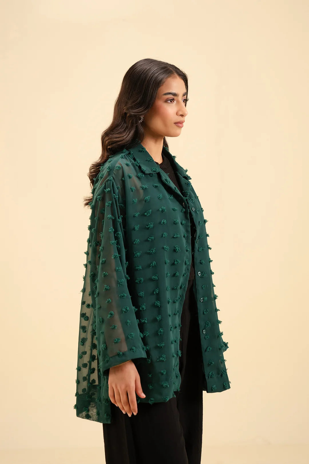 Trendy solid georgette shirt for women – elegant collared neckline and drop shoulders.