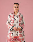 Trendy unstitched 2 piece linen suit for women – embroidered organza border on printed linen shirt with matching doriya dupatta, Pakistani fashion in Dubai & Middle East