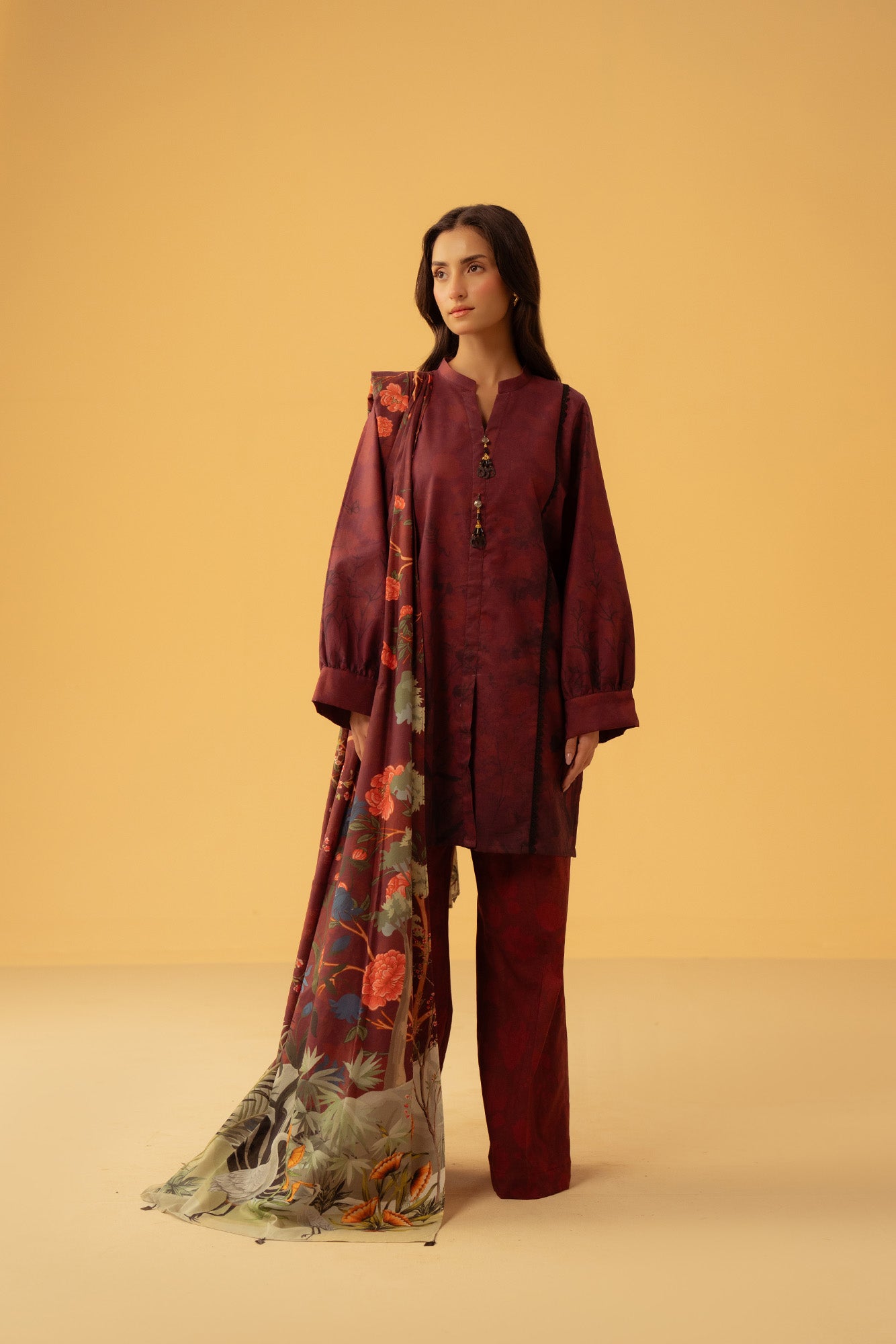 Unstitched 3-piece cambric suit for women, maroon digital print shirt, vibrant floral tussar silk dupatta, latest Pakistani fashion