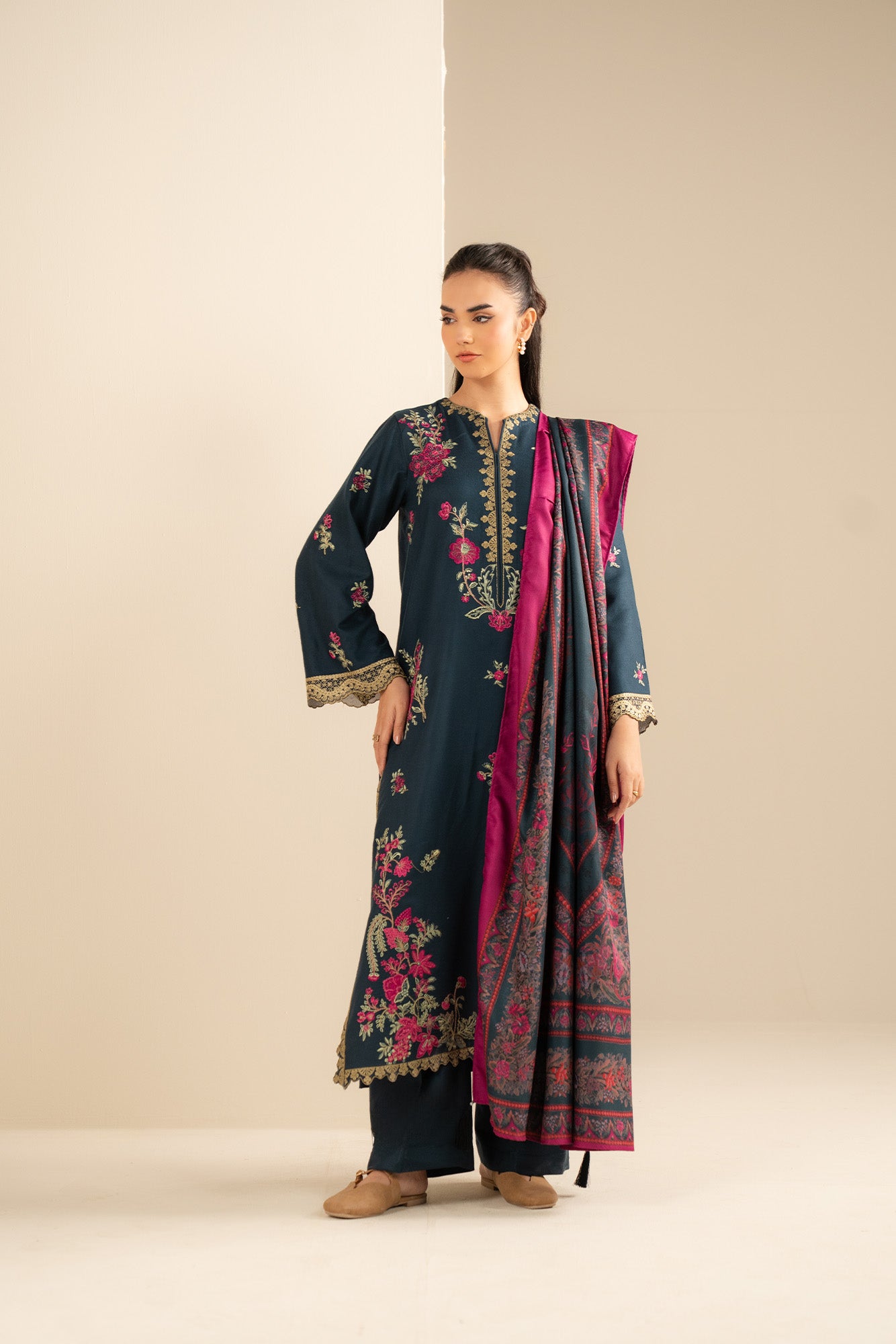 Unstitched 3 piece embroidered Marina suit with printed herringbone shawl, flat lay or model shot (front view).