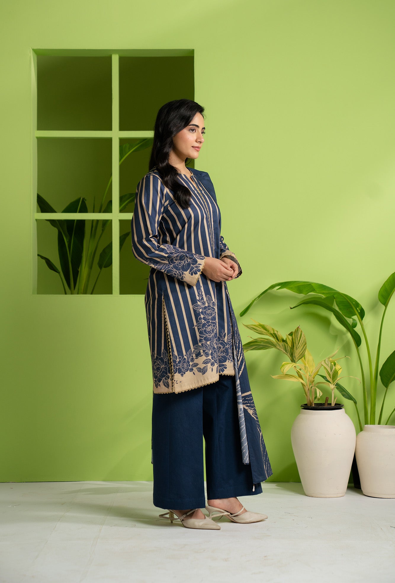 Unstitched cambric suit with printed silk dupatta, blue and beige lawn dress for girls, ideal for Lahore and Karachi summers