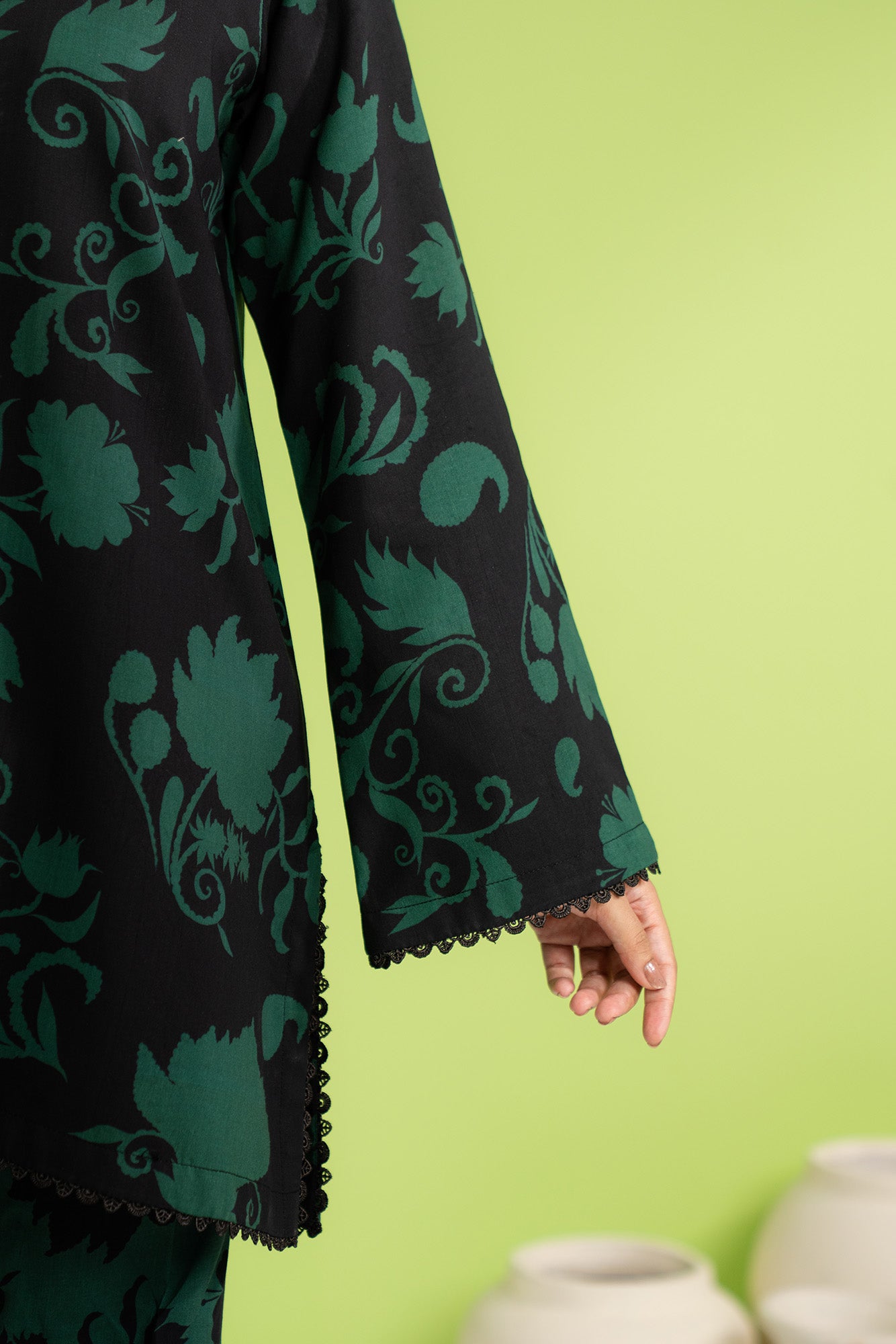 Unstitched digital printed linen shirt and trouser fabric, breathable black and green floral design, perfect for hot weather in Islamabad