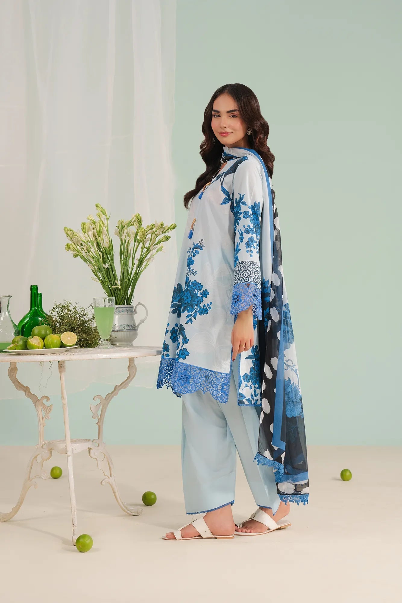  Unstitched embroidered lawn suit with cambric trouser and organza border – stylish outfit for women shopping in Bosan Road Multan