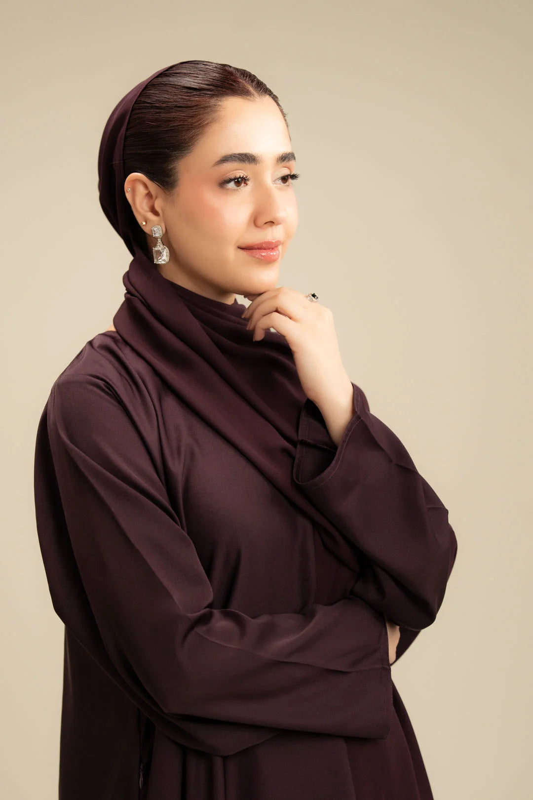 Upper body view plum colored abaya – dark purple modest wear Beyond East