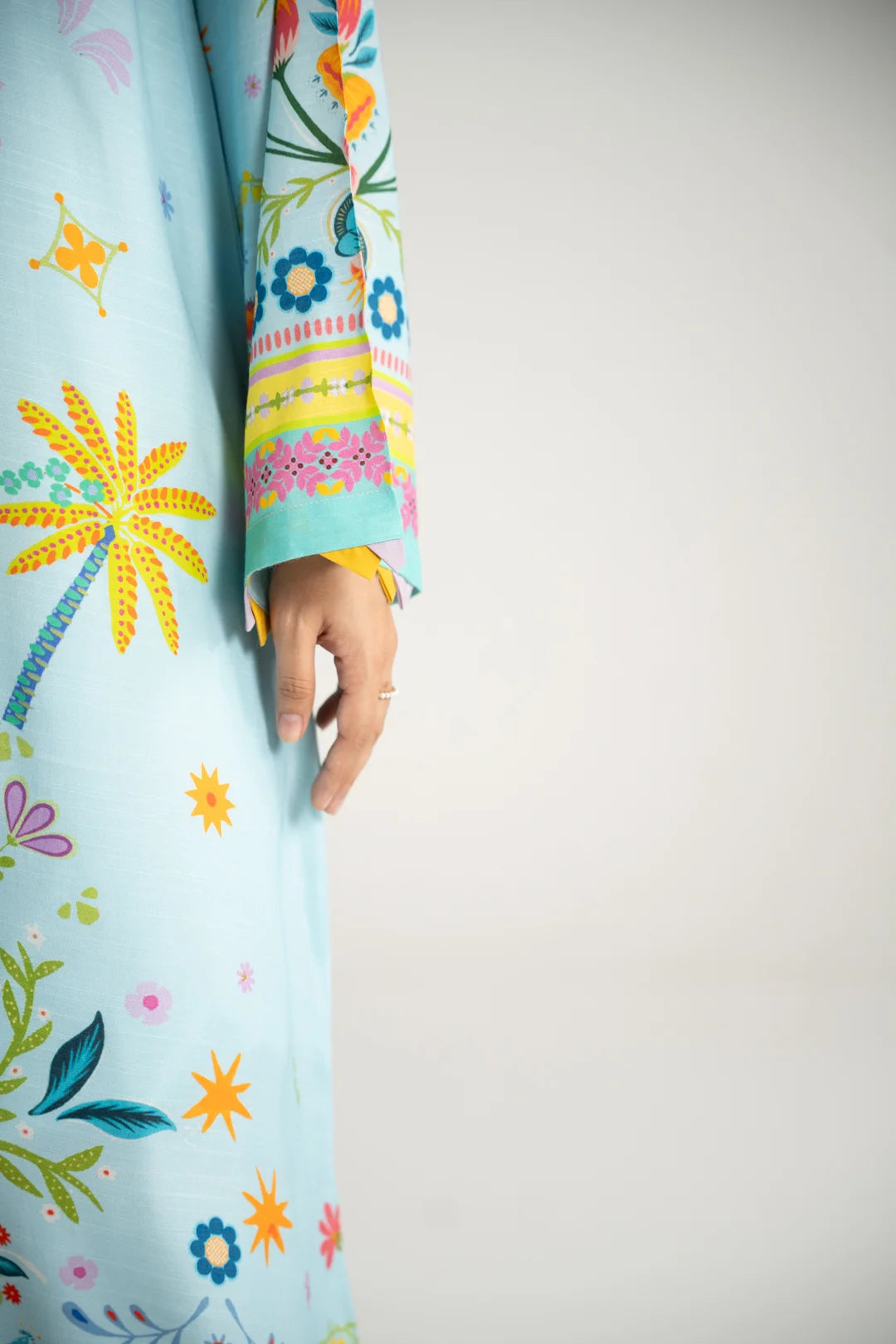Vibrant print detail raw silk kaftan light blue Beyond East
