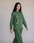  co-ord set with a button-front kurta top and matching wide-leg trousers, styled with brown kolhapuri sandal