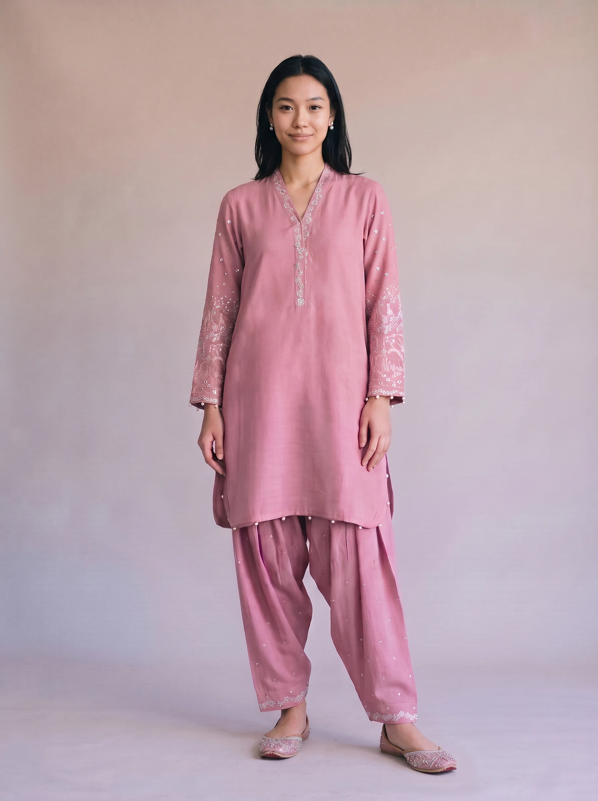 2 Piece Embroidered Raw Silk Suit