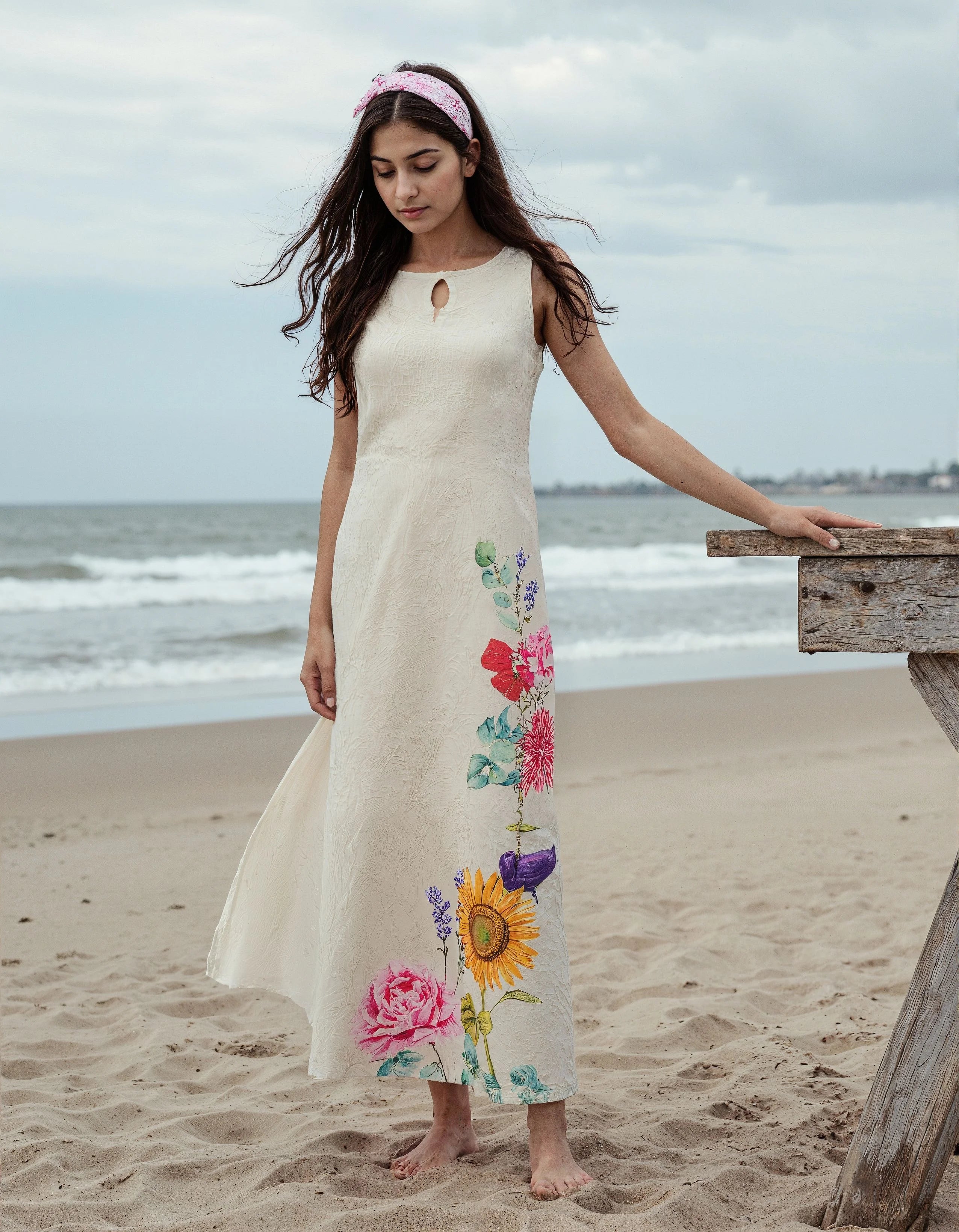 White floral printed lawn maxi dress for women. sleeveless summer wear with colorful botanical motifs, ideal for casual and festive occasions