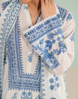 White ladies unstitched lawn suits online – 3 piece digital printed shirt with voile dupatta and cambric trouser, ethnic summer outfit for women in Dubai & Middle East
