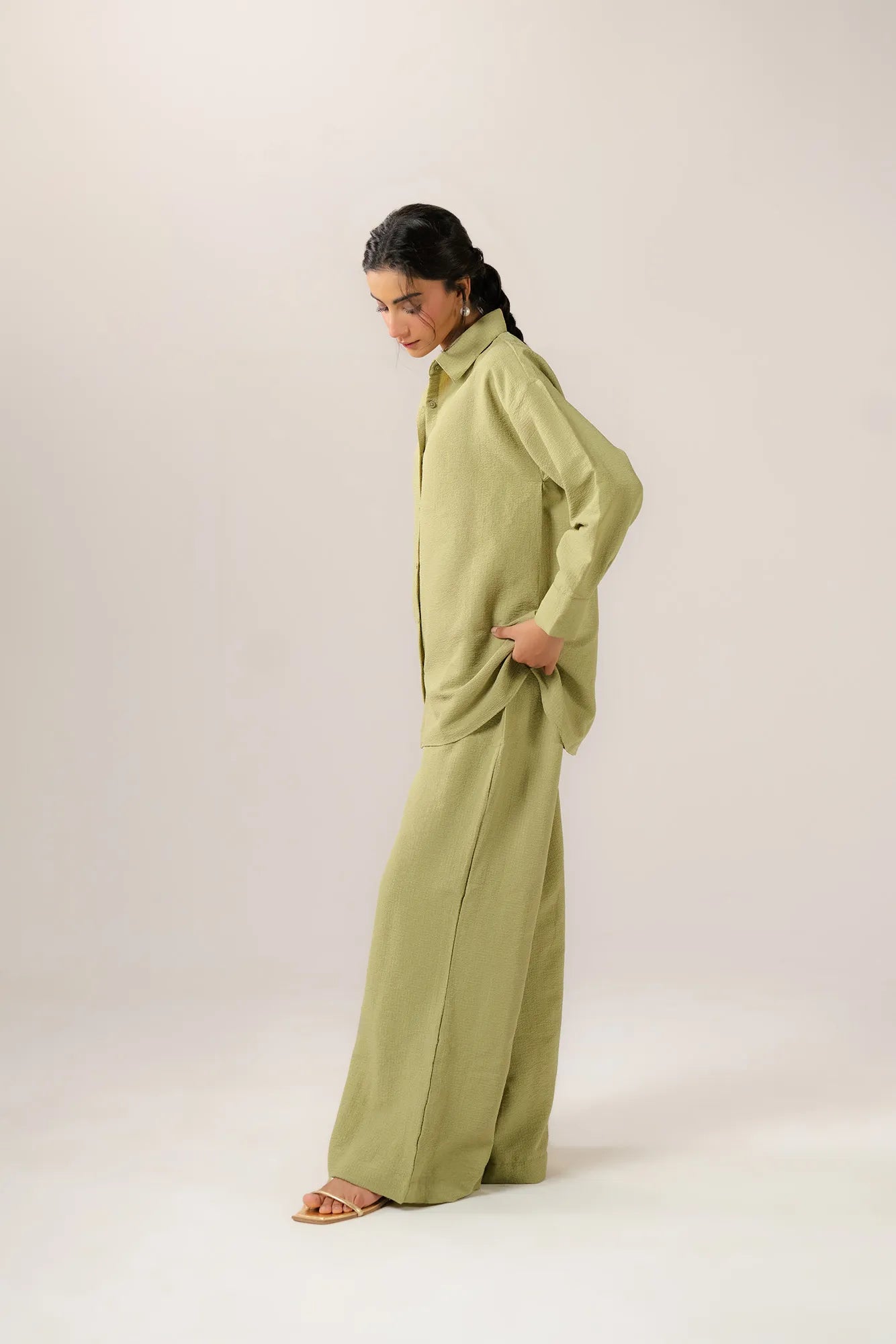 Women co ord sets olive green - relaxed fit two piece shirt and palazzo pants