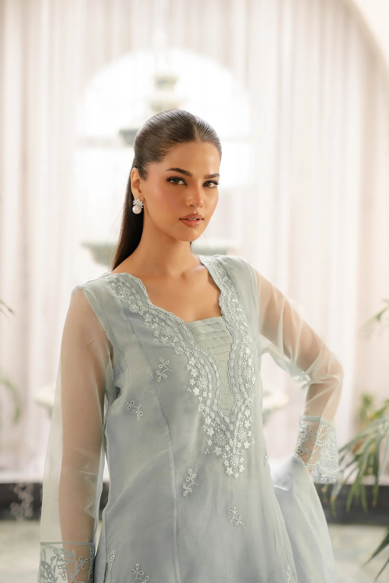 Women organza dresses - mint green embroidered suit set with sheer organza dupatta