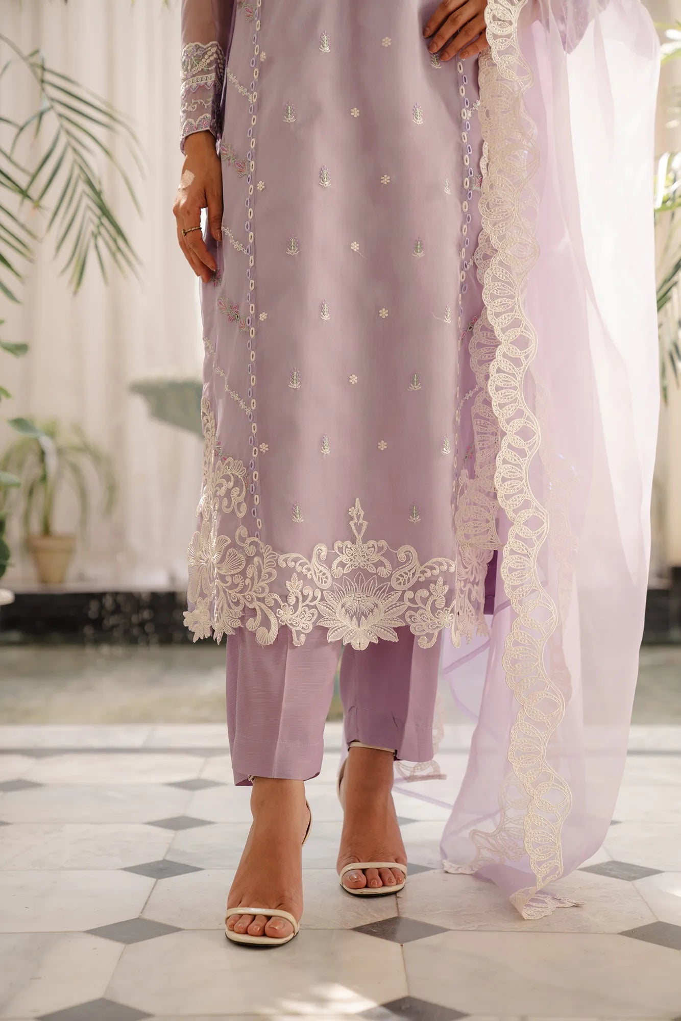Women organza suit - lilac embroidered 3 piece formal suit with delicate multi-color work