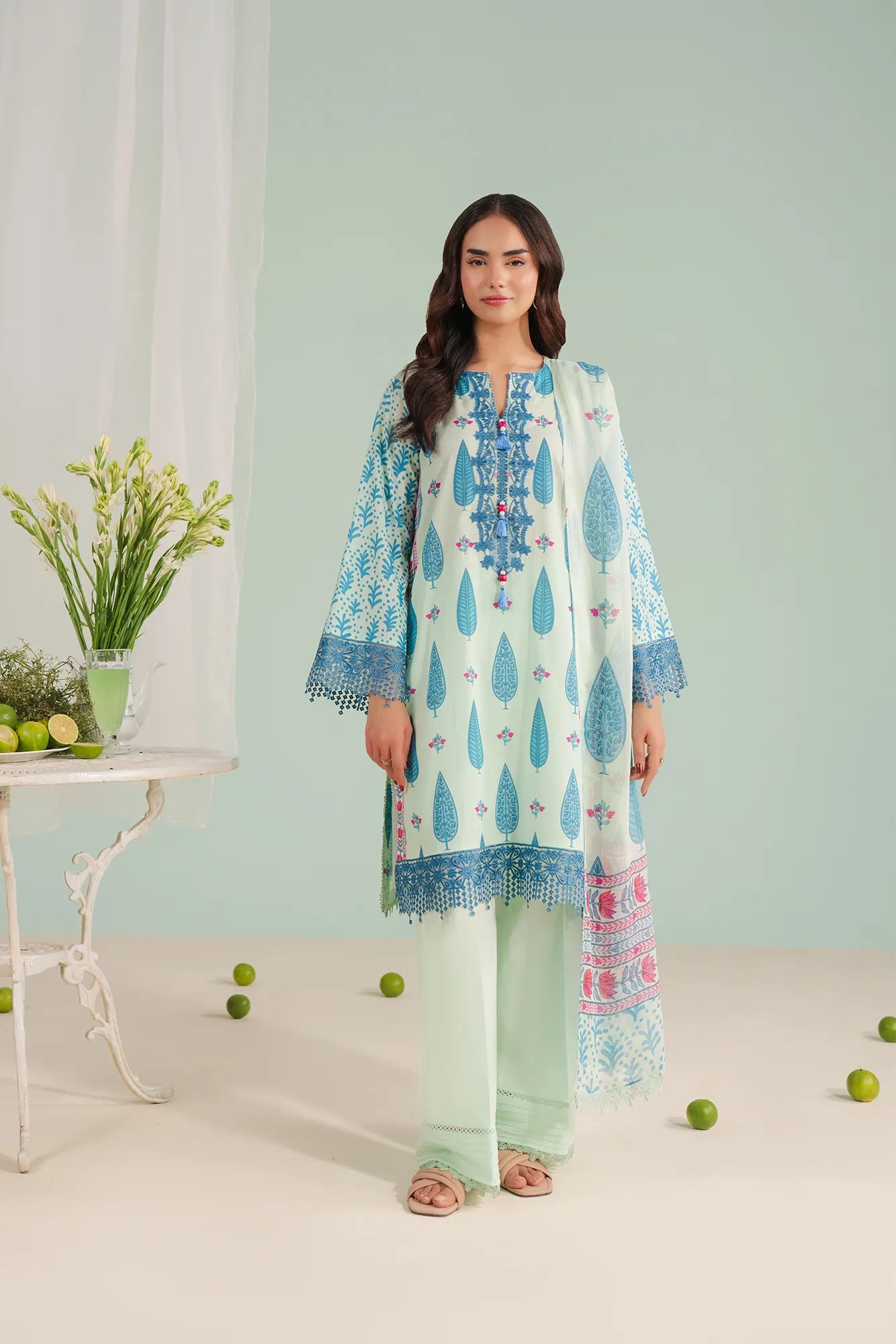 Women’s 3 piece embroidered lawn suit in white with blue prints, unstitched fabric with chiffon dupatta – available online in Peshawar Saddar