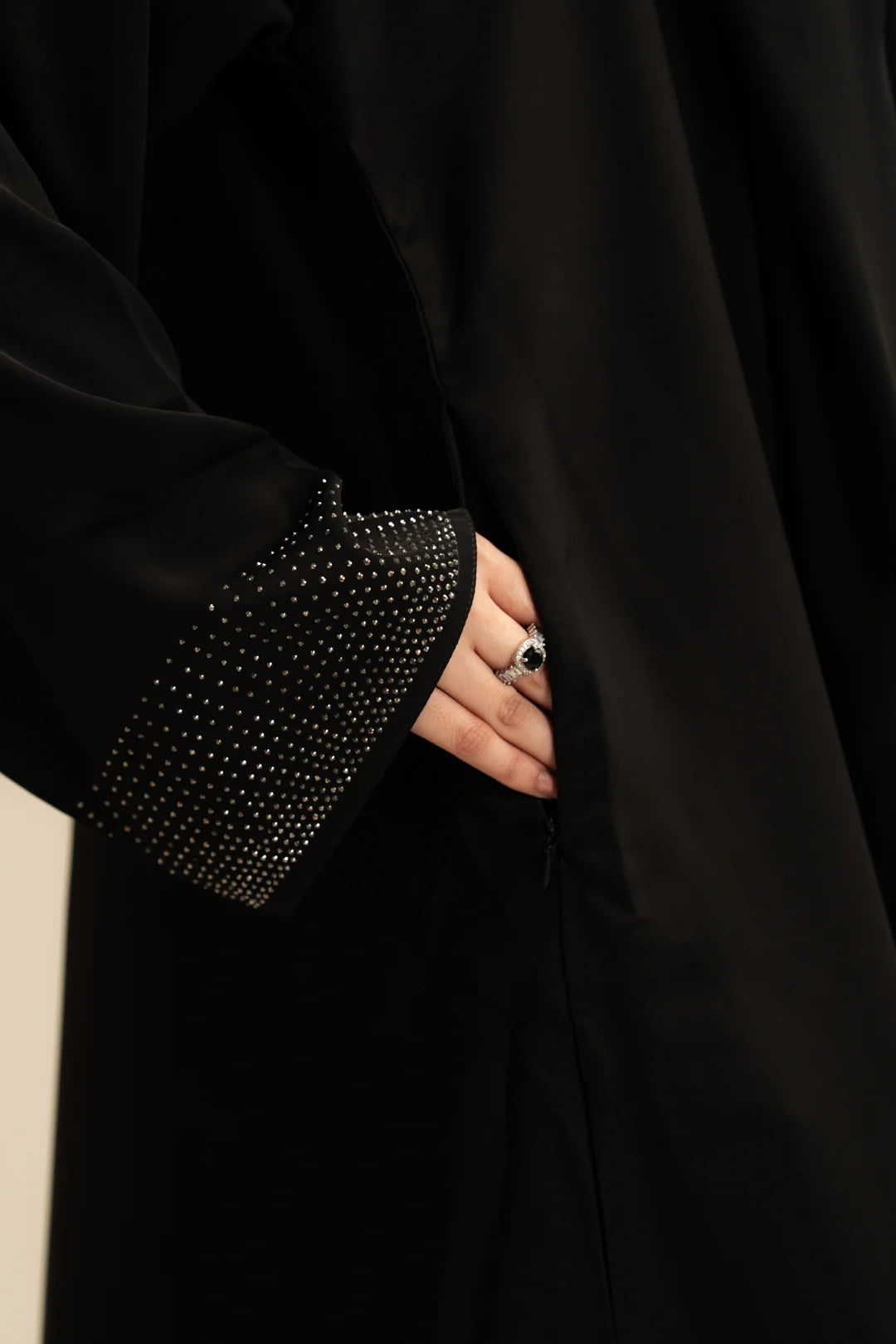 Women's black embellished abaya with stone work sleeve – modest fashion Pakistan 2026