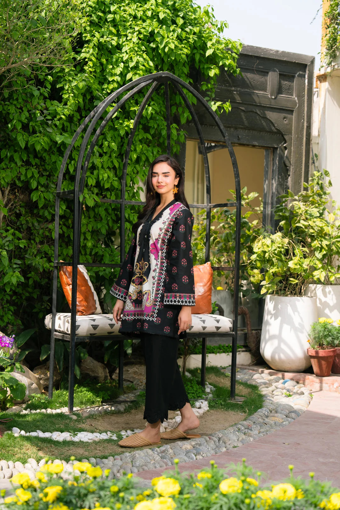 Women’s black printed pret shirt with floral accents