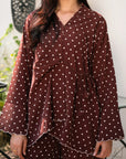 Women’s brown printed silk matching set with wide-leg trousers