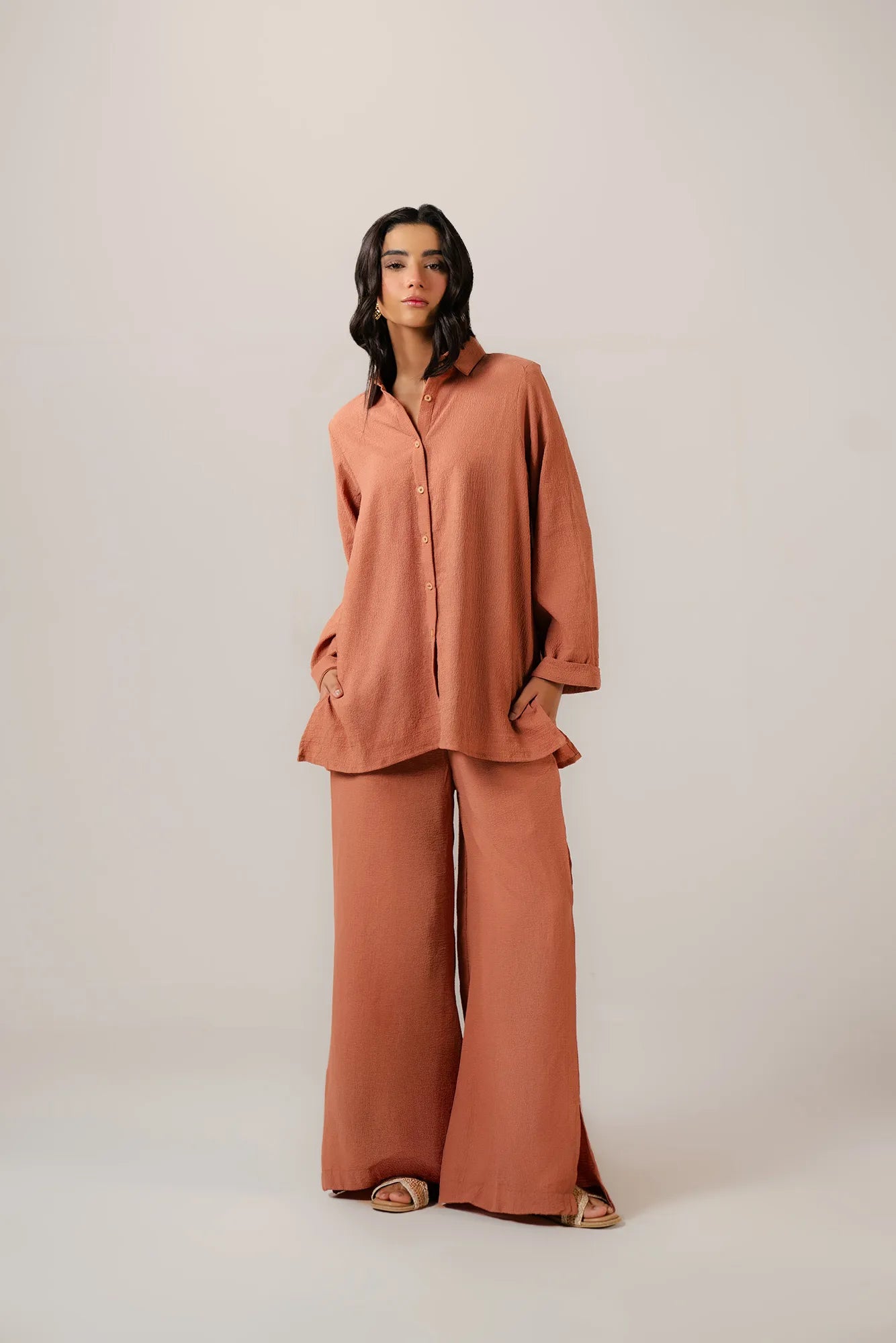 Women's burnt orange co ord set - relaxed fit two piece shirt and trouser set