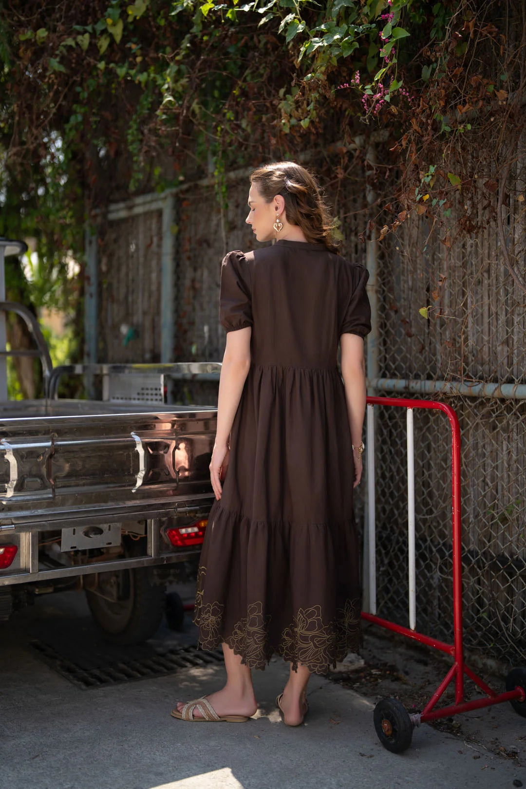 Women’s dark brown long frock in cambric fabric