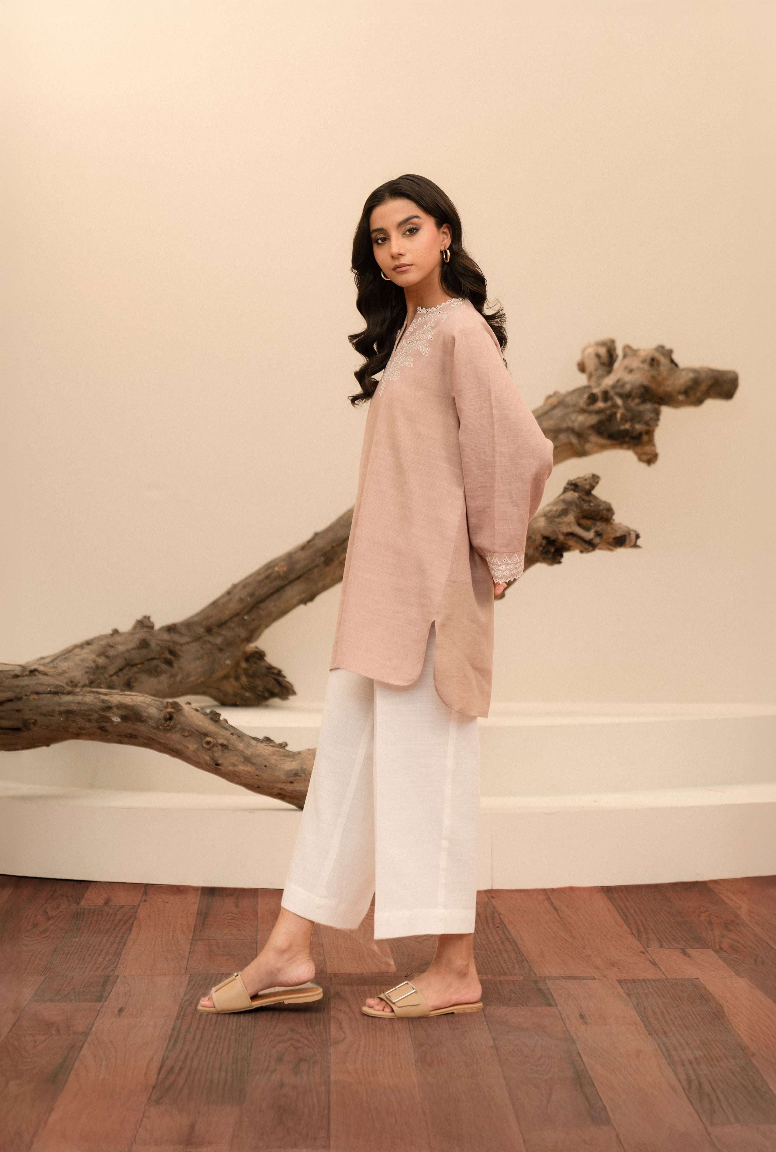 Women’s embroidered khaddar shirt, available online for both casual and formal occasions, Light Brown Color