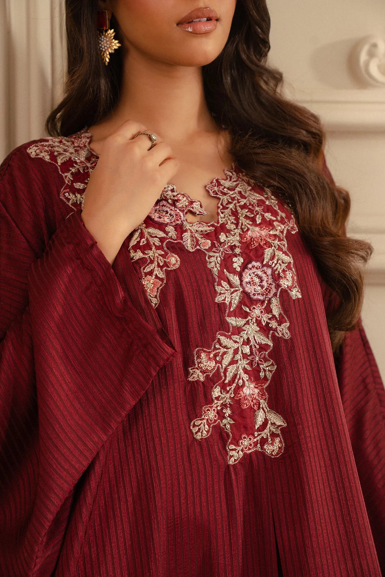 Women's embroidered silk kaftan dress - maroon evening dress with gold sequin embellishments