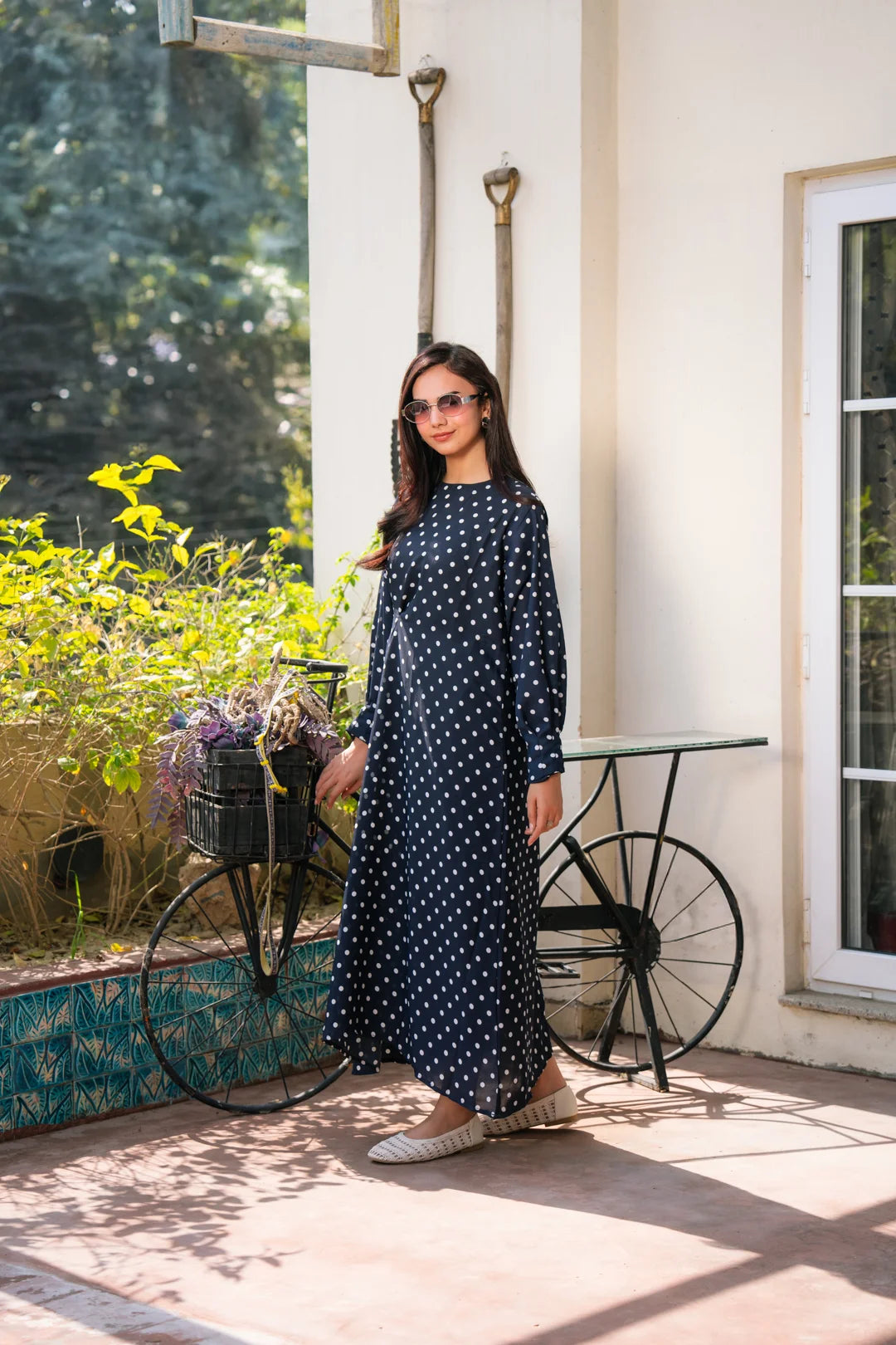 Women’s long navy printed dress with white polka dots