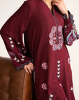 Women’s maroon linen 2 piece outfit with printed detail